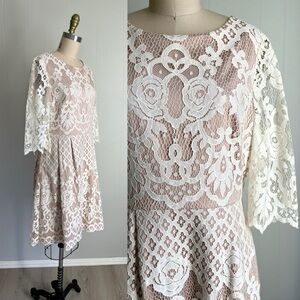 Eliza J White Lace Fit and Flare Dress with Sleeves Size 8 Neutral Bridal Dainty